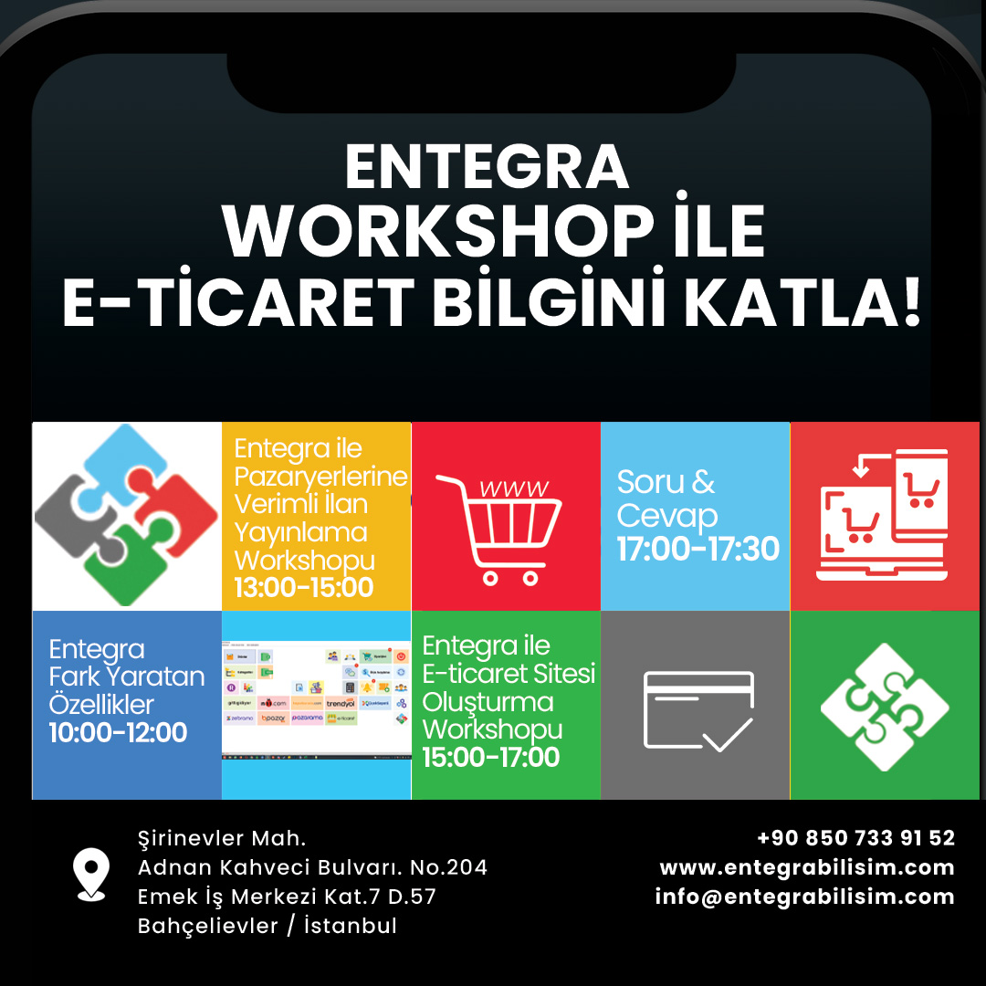 Entegra Yüz Yüze Workshop Eğitimi Yarın!

18 Aralık 2021 Cumartesi 10:00 - 17:30 da Entegra Şirinevler / İstanbul Merkez Ofiste Yüz yüze gerçekleşecek ücretsiz Workshop'umuza entegrabilisim.com adresinden başvurabilirsiniz.

#entegra #eticaret #entegrasyon #workshop