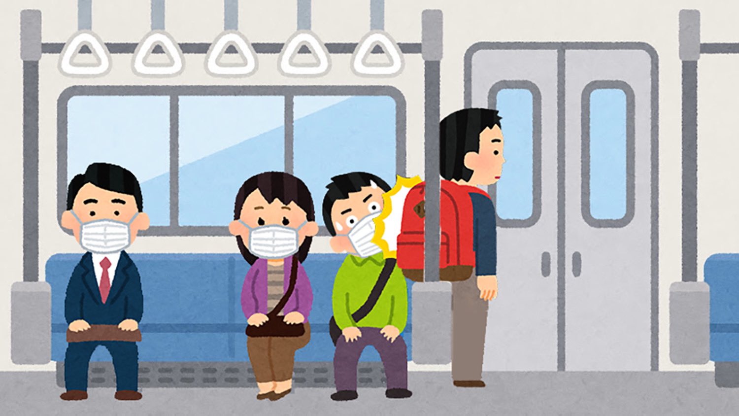 Satoshi Kitada 電車あるあるだけど 端っこの席に座ってるとき ドアの横に立った人が大きいリュック背負っていると顔に当たるよね 今日の仕事帰りこれだった この状況説明したくていらすとやさんの素材で絵作ったw 似た状況で髪の長い女性やファー
