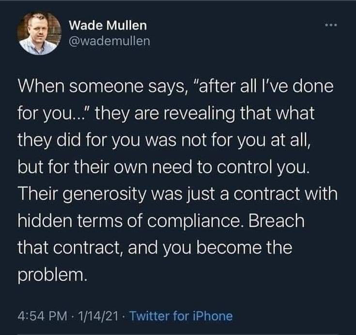 Bipolar_Blogs's tweet photo. I've had a few people pull this on me. I felt stress from their manipulations. Sometimes I just forgot "all that I owed" and just walked away.
#boundaries #selfpossession #Mentalhealth https://t.co/tl84crQ1Gf