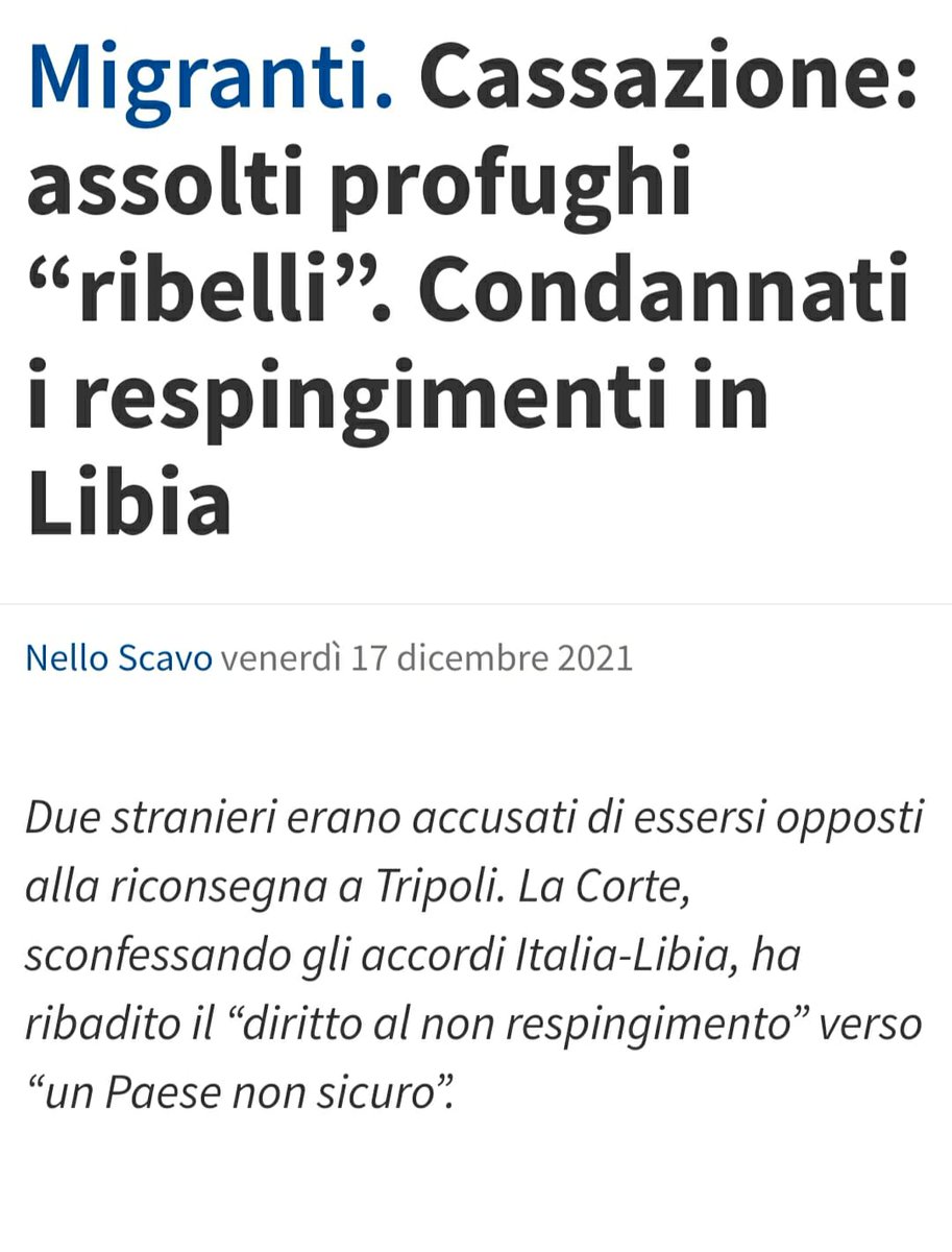 🟡INCREDIBILE #SENTENZA DELLA CORTE DI #CASSAZIONE !!!

#RESISTERE a Pubblico Ufficiale NON È #REATO SE il #profugo SI #OPPONE al suo #RIMPATRIO in un paese nel quale RITENGA non vi siano condizioni di #SICUREZZA per la propria #INCOLUMITÀ !!! (1/2)
