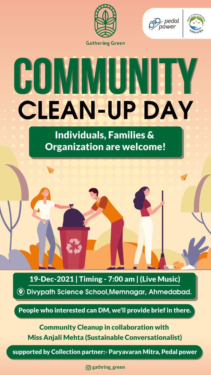 Let's come together to make our surroundings clean. DM to join us in the cleaning drive.

Reduce plastic. Say no to single-use plastic.

Place: Divyapath Science School, Memnagar, Karnavati.
Date: Dec 19, 2021; Sunday
Time: 7 AM