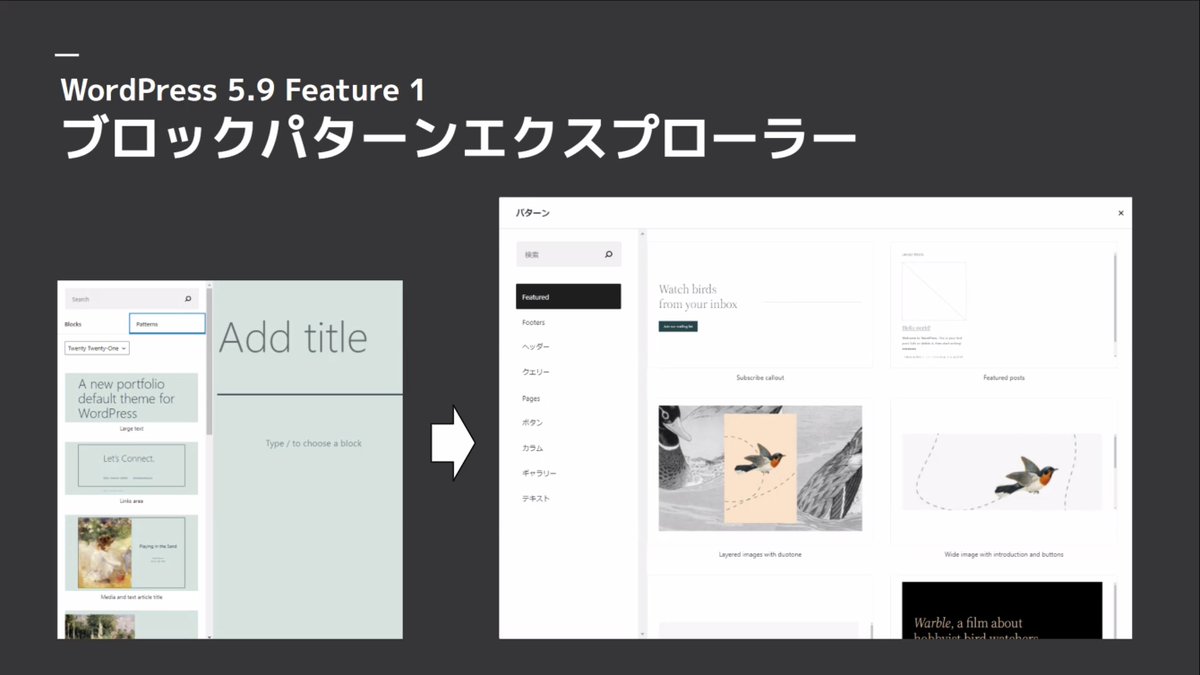WPZoomUP's tweet image. 「ブロックパターンエクスプローラー」…？ #WPZoomUP #WordPress5.9