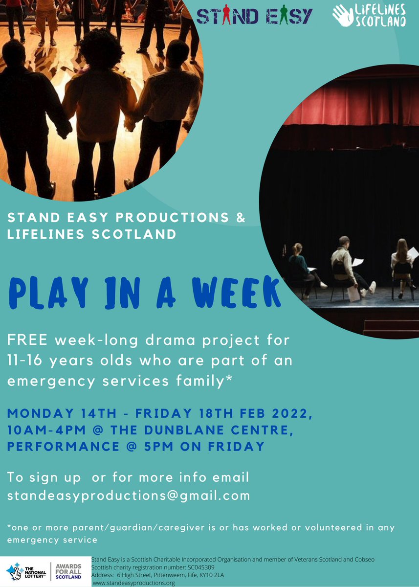 As part of our new work for Emergency Responders we are working with <a href="/LifelinesScot/">Lifelines Scotland</a>  to offer a FREE Play in a Week project for young people aged 11-16 from Emergency Services families. Details below: