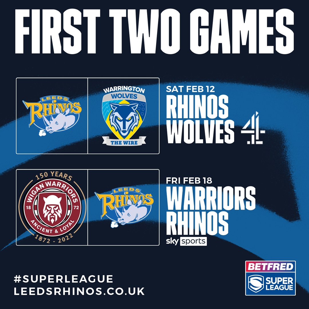 Betfred Super League (@superleague) on Twitter photo ✌️ massive clashes to start 🔥
<a href="/leedsrhinos/">Leeds Rhinos</a> kick-off 2022 against the Wolves & Warriors 👊 #SuperLeague ✌️ massive clashes to start 🔥
<a href="/leedsrhinos/">Leeds Rhinos</a> kick-off 2022 against the Wolves & Warriors 👊 #SuperLeague