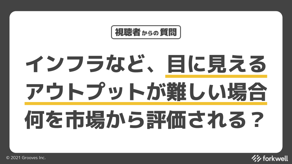 Forkwell's tweet photo. ||◤
視聴者からの質問その②
◢||
「インフラなど、目に見える
アウトプットが難しい場合
何を市場から評価される?」
登壇者の方、視聴者の方でお考えがある方は引用リツイート等でご意見投稿ください✨ #ECLounge https://t.co/tb0mLtIXDl