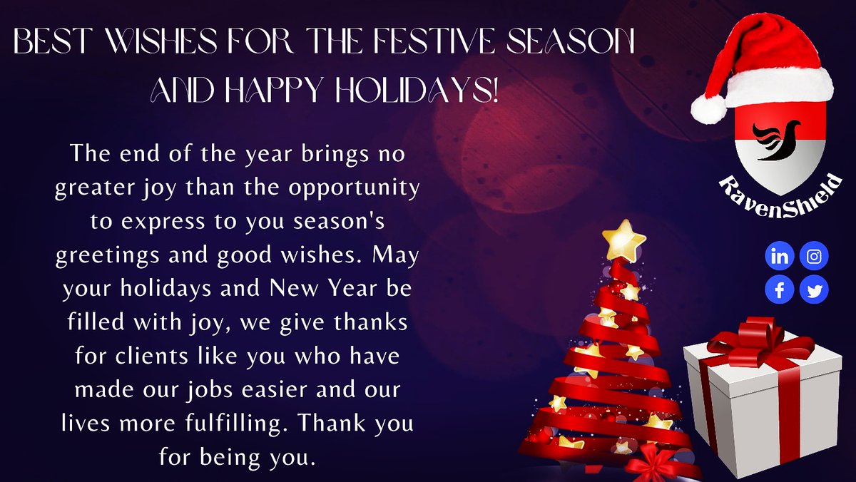RavenshieldSec1's tweet photo. Everyone at Ravenshield Security Services wants to wish you a Happy Holidays and prosperous New Year.#cctv #Alarms #wesecure #security #securityguard #SecurityServices https://t.co/MLoBHxodRS
