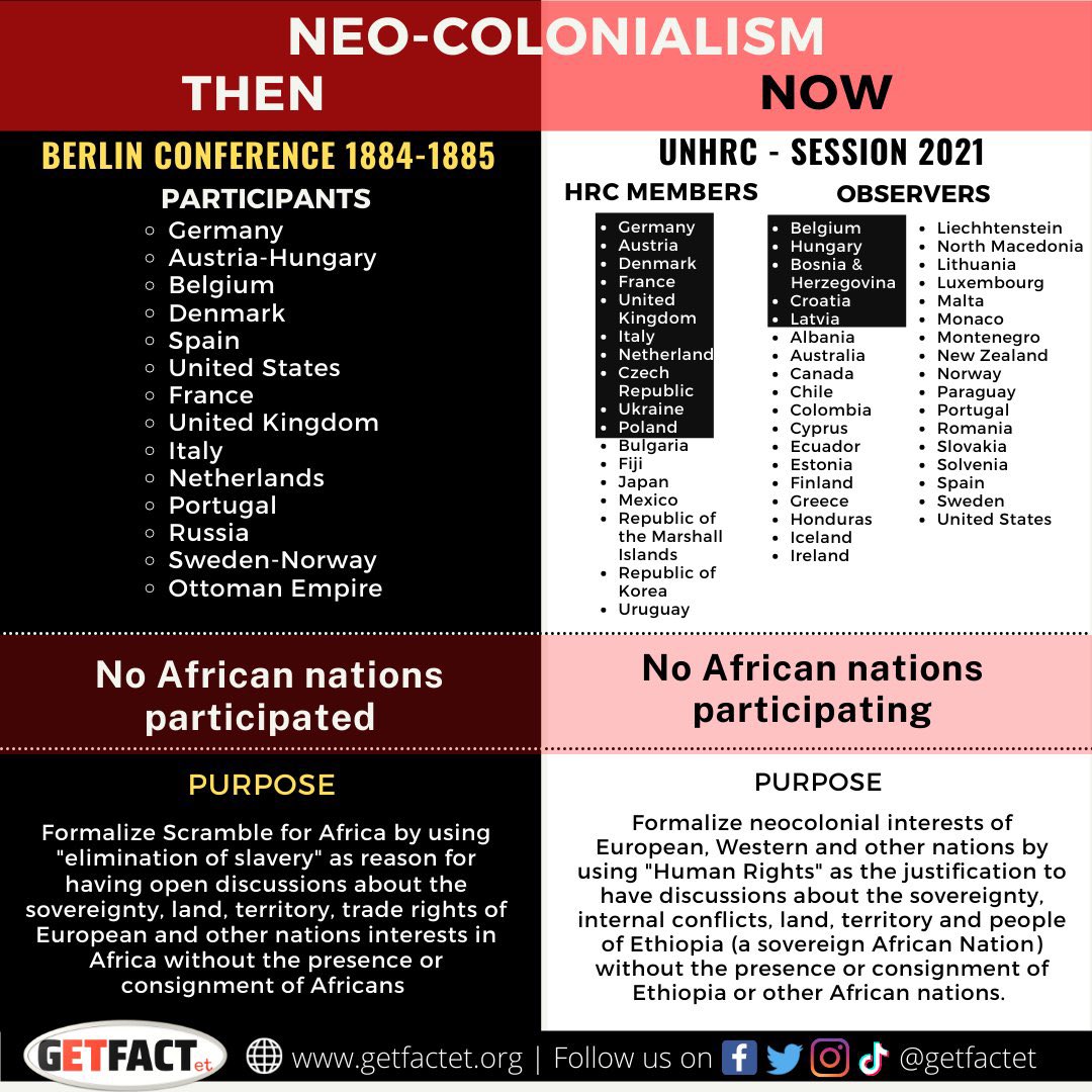 ObangMetho's tweet photo. Shocking similarity between the Berlin Conference to scramble for Africa (in 1884) and TODAY's @UN_HRC Special Session on #Ethiopia with ZERO representation from Africa. #NoMore #LeaveEthiopiaalone #Africa #AfricaUnite #oneafrica #africastandwithethiopia #EthiopiaPrevails https://t.co/PranzuflT3