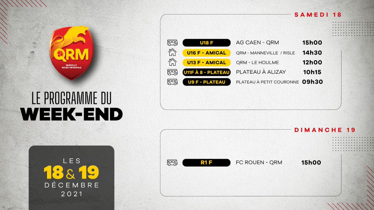 QRMFeminines's tweet image. 🗓 Les 𝗿𝗲𝗻𝗰𝗼𝗻𝘁𝗿𝗲𝘀 𝗱𝘂 𝘄𝗲𝗲𝗸-𝗲𝗻𝗱 ⤵️

⚔️ Derby 𝗙𝗖𝗥-𝗤𝗥𝗠 en #R1F dimanche !

Bonne chance à toutes nos féminines 💪🔴🟡