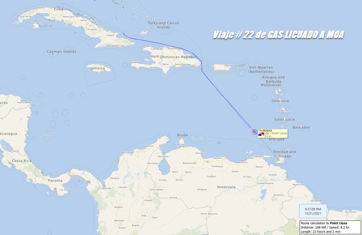 FlconEYES's tweet photo. VIAJE # 22 desde Sept2020
#TAUROGAS #IMO9031985
Retornando a Point Lisas, le vende gas licuando a Sherrit para trabajos de minería.
#HappeningNow #OSINTCuba #cuavion #Cuba #31Dic https://t.co/d0Cbbnhx8y
