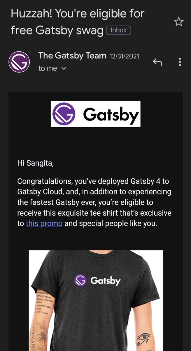 SangitaM28's tweet photo. [Gatsby Swags]

Hello Connection!!!!
I'm delighted to share with you that I have successfully deploy a webpage using #Gatsby Cloud and received a mail for claim this amazing Tee.

Thank you so much @GatsbyJS for this wonderful opportunity.

#deploy4Swag #gatsby #code #opportunity https://t.co/NKY4y6F2xl
