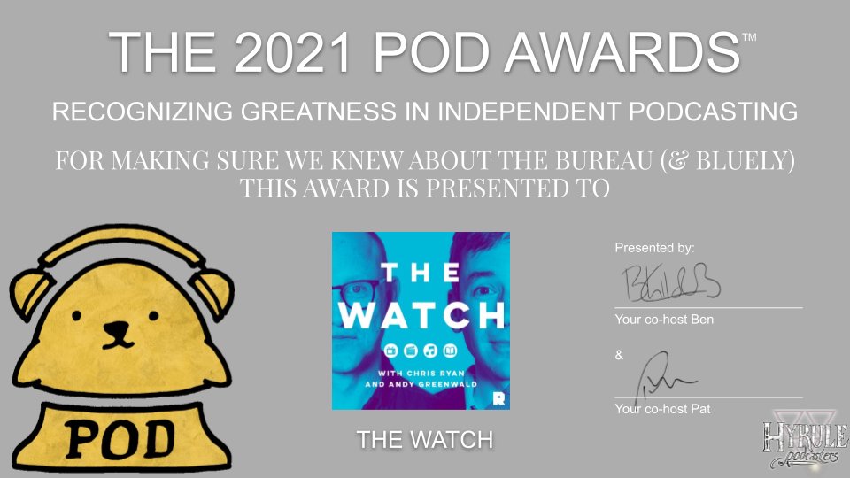thepodawards's tweet photo. Our next award goes to @thewatchpod...
FOR MAKING SURE WE KNEW ABOUT THE BUREAU (&amp; BLUELY)
#THEPODAWARDS https://t.co/UdS4gaG2K1