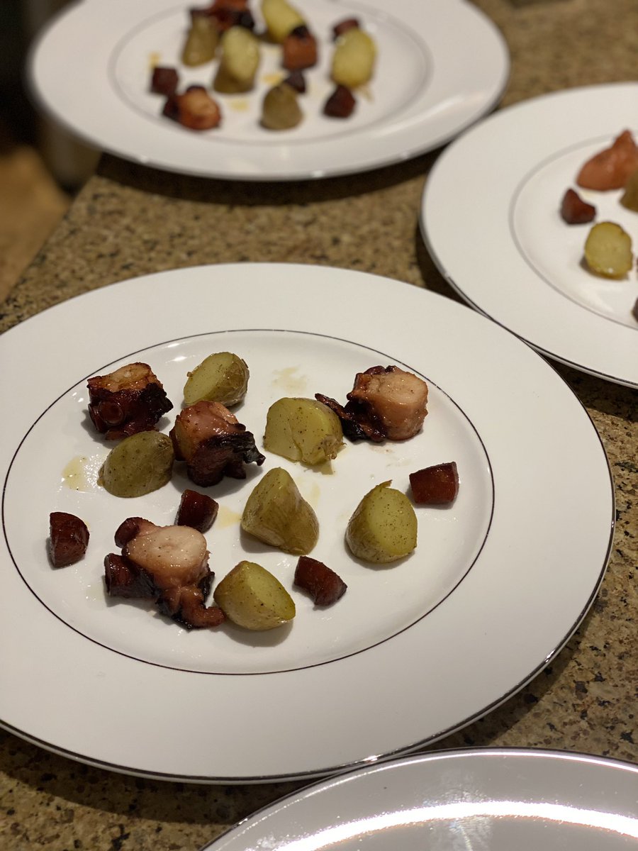 the_money_pit's tweet photo. Avocado, hamachi, and seaweed chip poke. Followed by sous-vide octopus finished in the frying pan, fingerling potatoes, chorizo, and alioli. https://t.co/MlwKDTnDdw