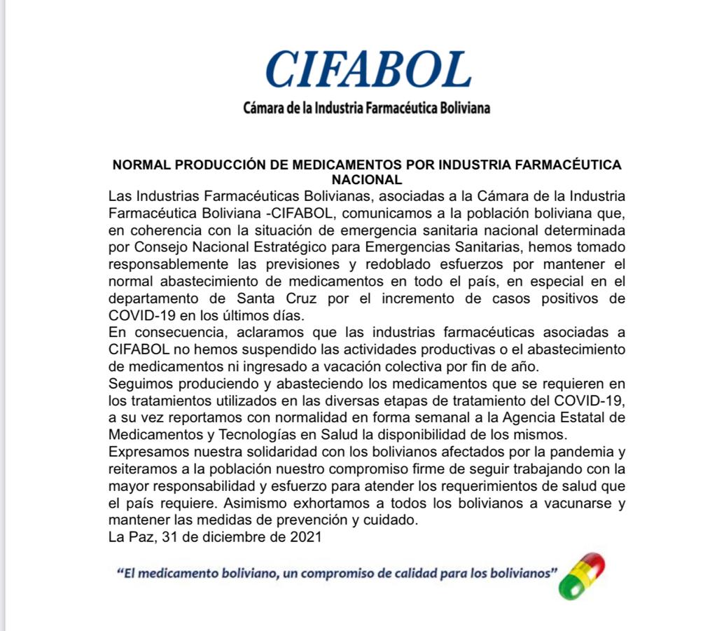 Canal_BoliviaTV's tweet photo. #BTVInforma
La Cámara de la Industria Farmacéutica Boliviana (#Cifabol) comunica a la población que, en coherencia con la situación de emergencia sanitaria, toman las previsiones y se redoblan los esfuerzos para mantener el normal abastecimiento de medicamentos en todo el país. https://t.co/KIKGkmNV6P