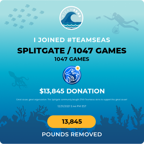 Splitgate's tweet photo. We asked and you answered. 1047 Games donated $13,845 to @teamseas with proceeds from the TeamSeas T-200 armor skin!

If you haven't donated to #TeamSeas yet, it's not too late: head to https://t.co/GLeeBGhCM7 before Jan 1st!

Thank you to everyone who bought the skin or donated! https://t.co/XT53BbMyTG