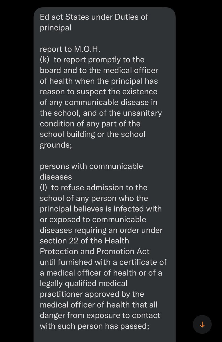 Worth remembering that principals still have a duty to report infectious disease outbreaks, as mandated by the Education Act. #topoli #onpoli #onted