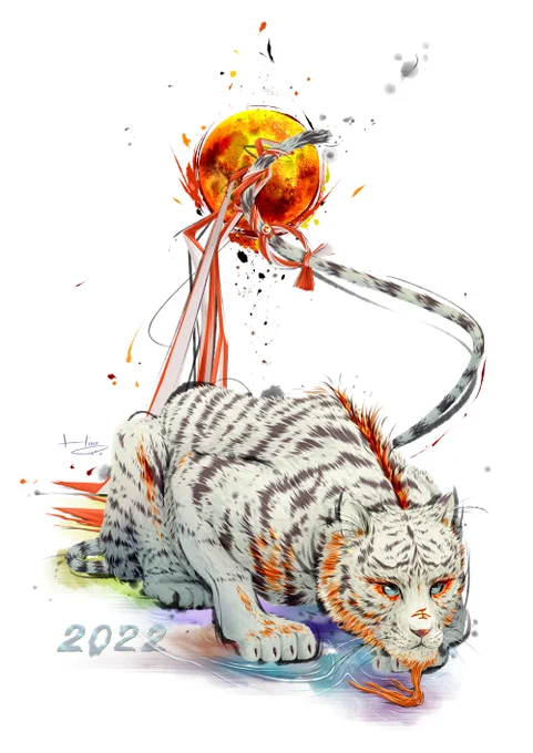 🎍明けましておめでとう御座います!🎍

2022年🐯
今年は壬虎の年だという事で、お鼻に壬を入れさせて貰いました。

力強く勇猛なトラさんですが、壬の持つ水の意味も合わせ、流れる力強い水の如くしなやかな雰囲気にしてみました。
皆様にとって良い年で御座います様に✨

#イラスト #正月イラスト 