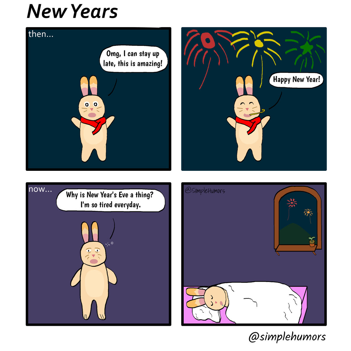 SimpleHumors's tweet photo. Staying up late was exciting as a kid, but sometimes the same can't be said for being an adult 🙃. That being said, Happy New Year!☺❤

#SimpleHumors #webcomic #webcomics #newyear #newyeareve #midnight #fireworks #rabbit #sleepy #adulting #bunny #goldenbunny #animalcomic https://t.co/lmeDEkdTYV