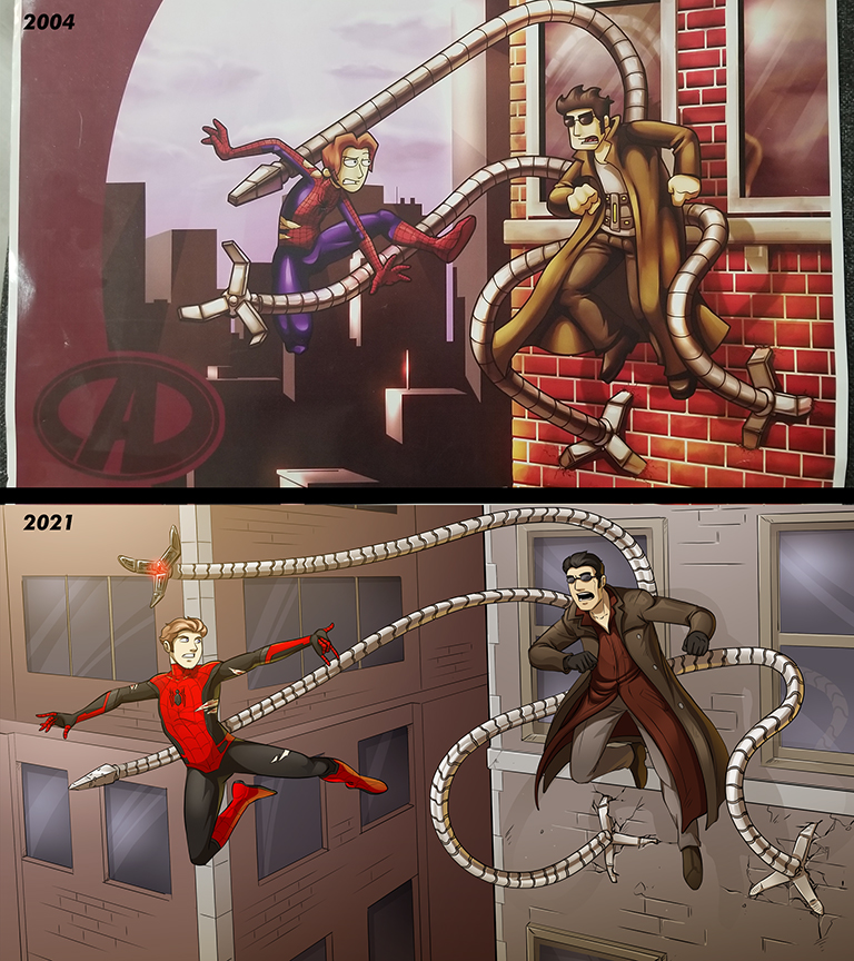 Back in 2004, when Spider-man 2 came out, I drew a poster of Ethan and Lucas as Spidey/Doc Ock.

17 years later, we are again getting that same Spidey/Doc Ock face-off in theaters, so I thought it would be fun to revisit that old artwork for this month's Patreon wallpaper.