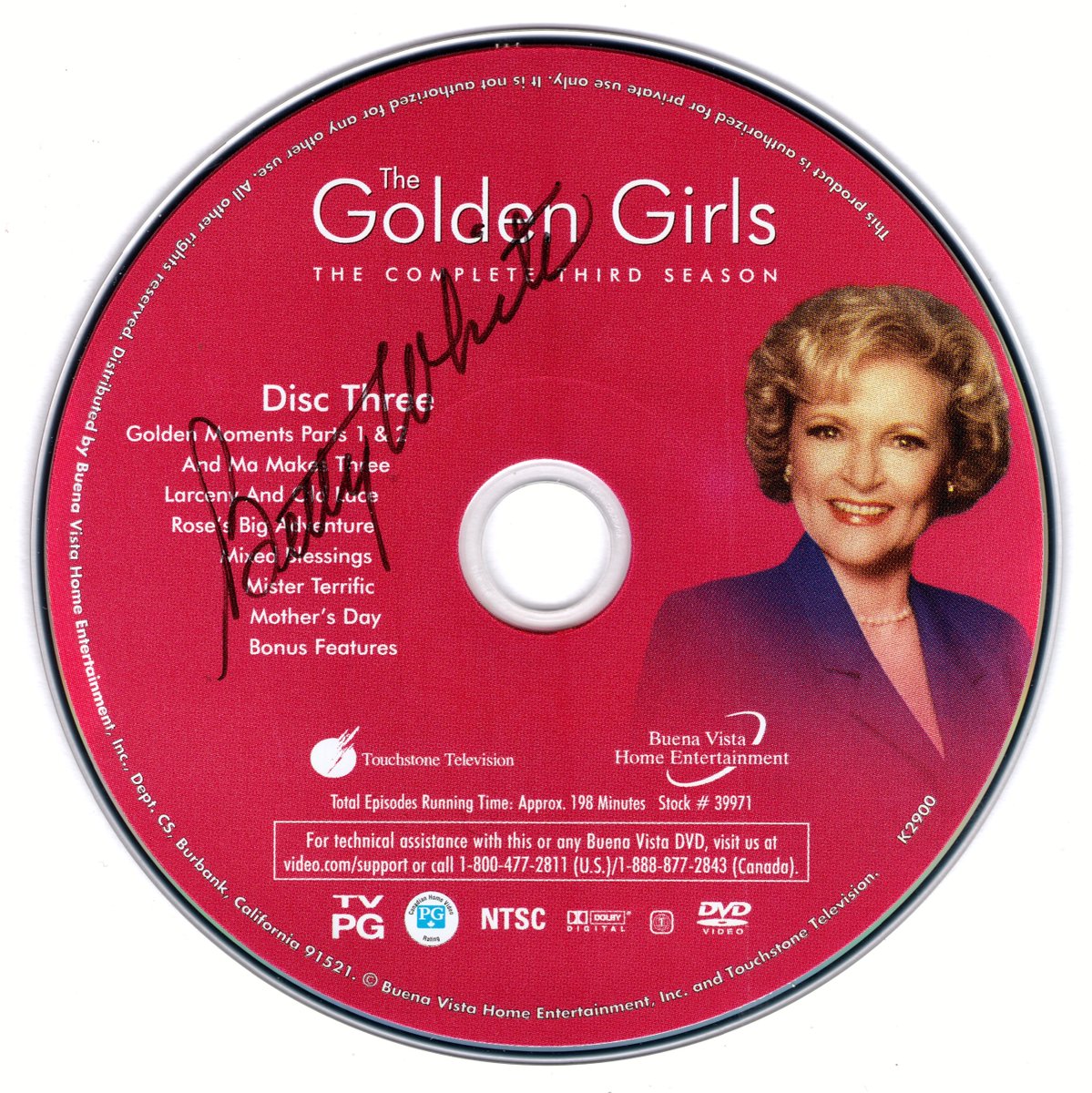 RIP, @BettyMWhite. You were a national treasure, @Disney Legend and America’s favorite golden girl. She will be dearly missed. Disc 3 from #TheGoldenGirls Complete Third Season, autographed by Betty, from her signing w/ Bea & Rue at @BNBuzz in NYC. #BettyWhite #Betty100 #RIPBetty