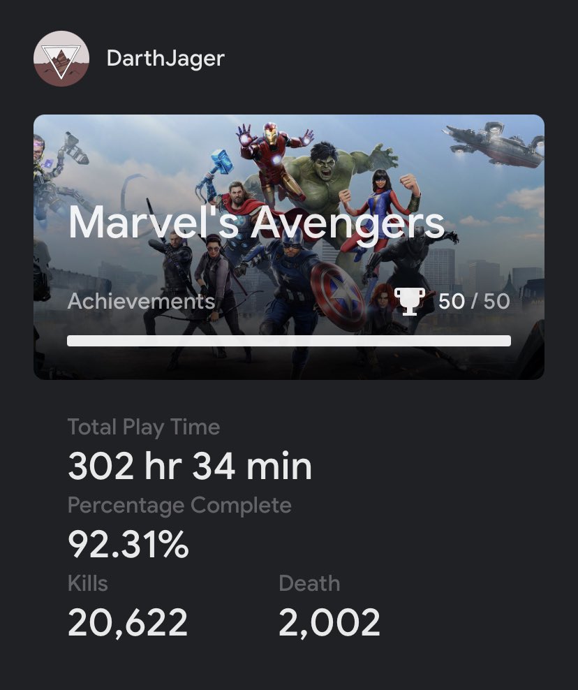 Put so many hours into this game and can’t wait to put more! Playing this with friends on @GoogleStadia has been a highlight and can’t wait to put another 300+ hours into it! 🙌
<a href="/PlayAvengers/">Marvel's Avengers</a>