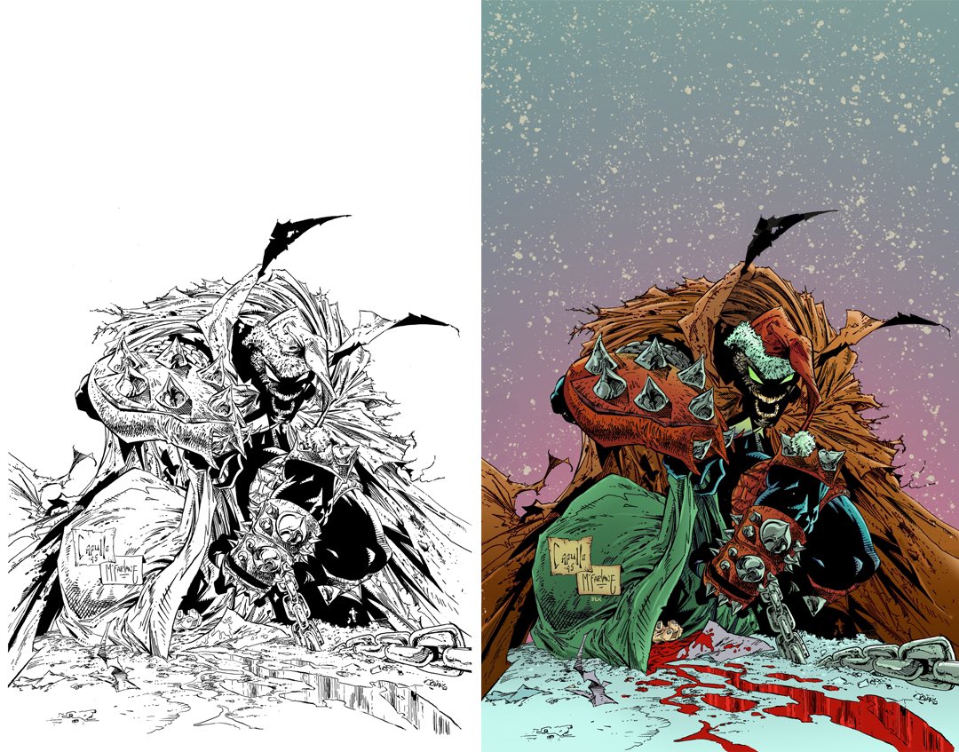 SaturdaySlasher's tweet image. First test piece done on my new Wacom cintiq. Earlier this week Todd McFarlane posted this Spawn piece by himself and Greg Acapulco for fans to color. This was my attempt. 

#spawn #imagecomics #comicbookcoloring #colors #comicbookart #digitalart #wacomcintiq