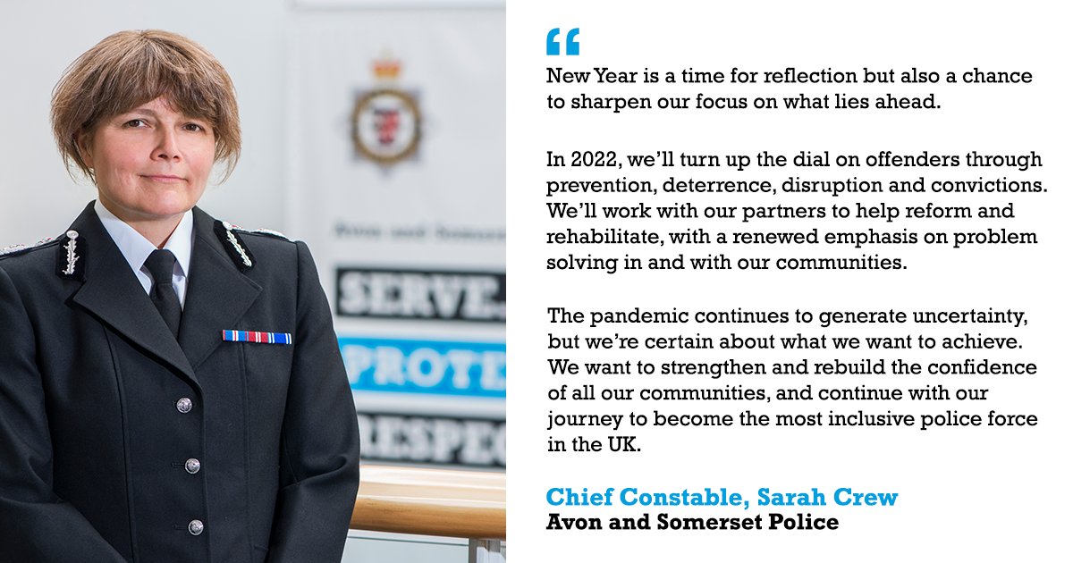 ASPolice's tweet photo. From all of us here at Avon and Somerset Police, we'd like to wish you a Happy New Year  💙 

Thank you for your support across 2021 and here's to a safe and peaceful 2022.

Hear from our Chief Constable @aspsarah_crew about our focus for the year ahead. https://t.co/VWv5VlA3i9