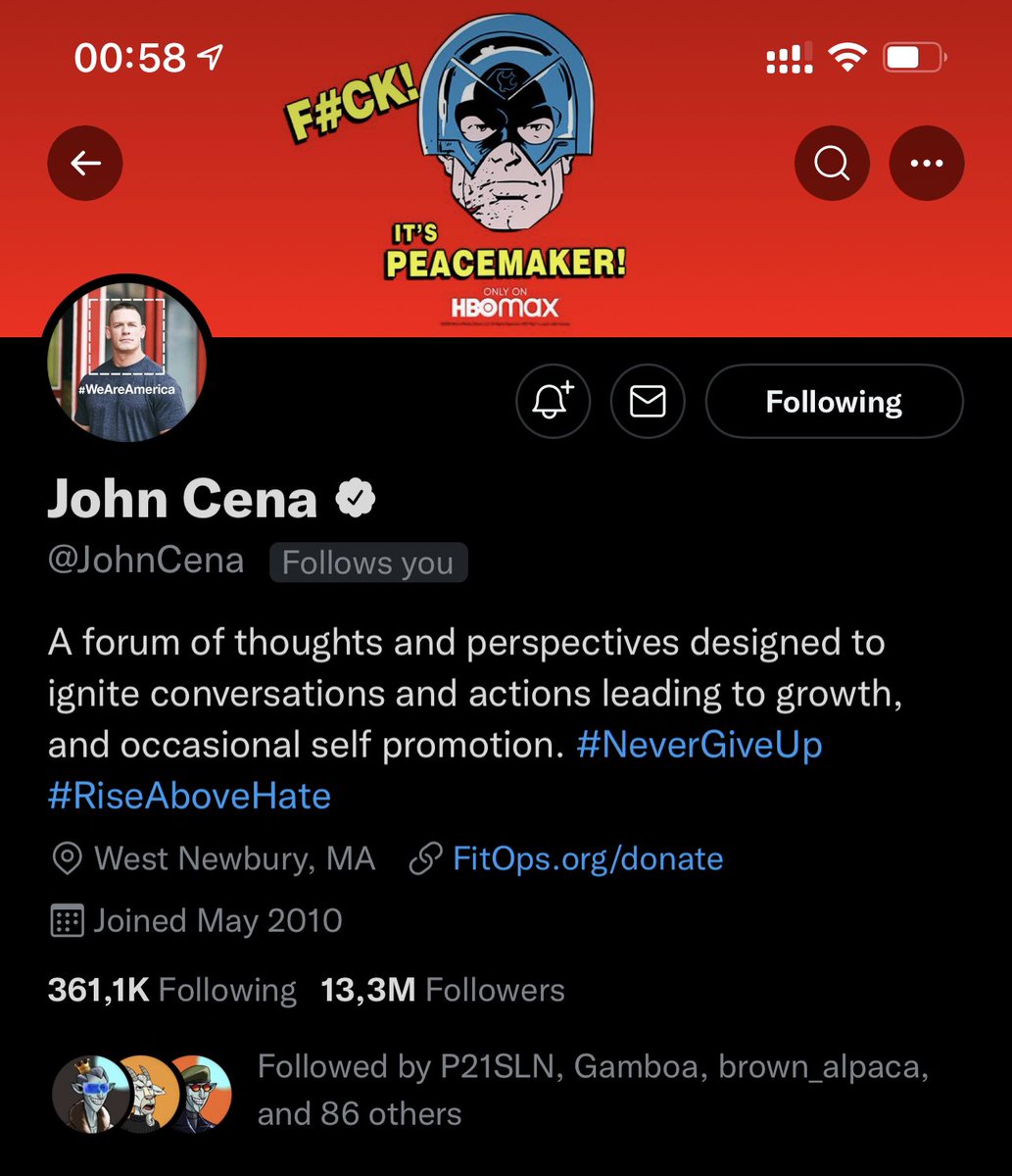 The first 2022 surprise! Looks like @JohnCena followed me😱 Thank you! Hope to see your next movies soon!