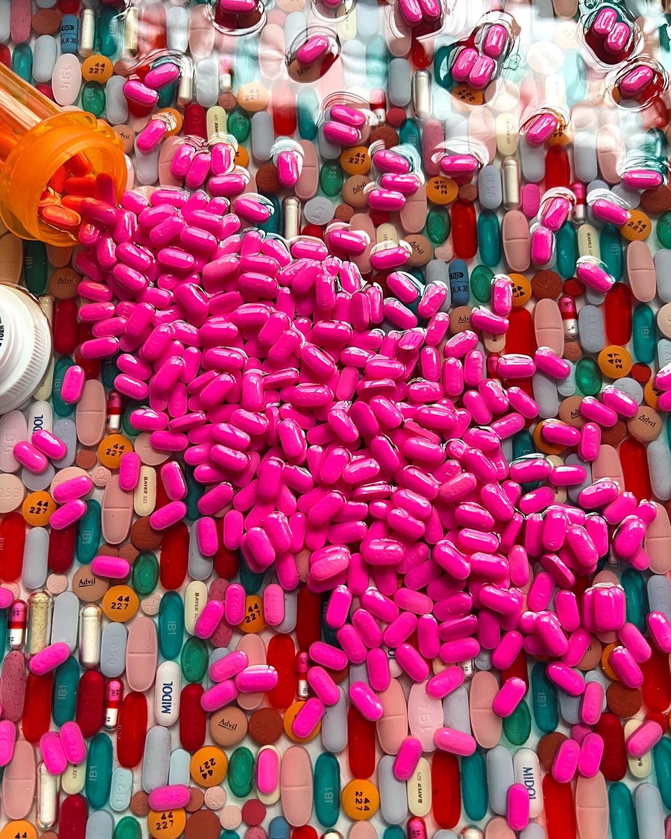 LozCity's tweet photo. "Klutz” (December 2021, Misc. pills &amp; plastic bottle cast in resin, 12in. X 12in.) https://t.co/FGWRUDSGKg