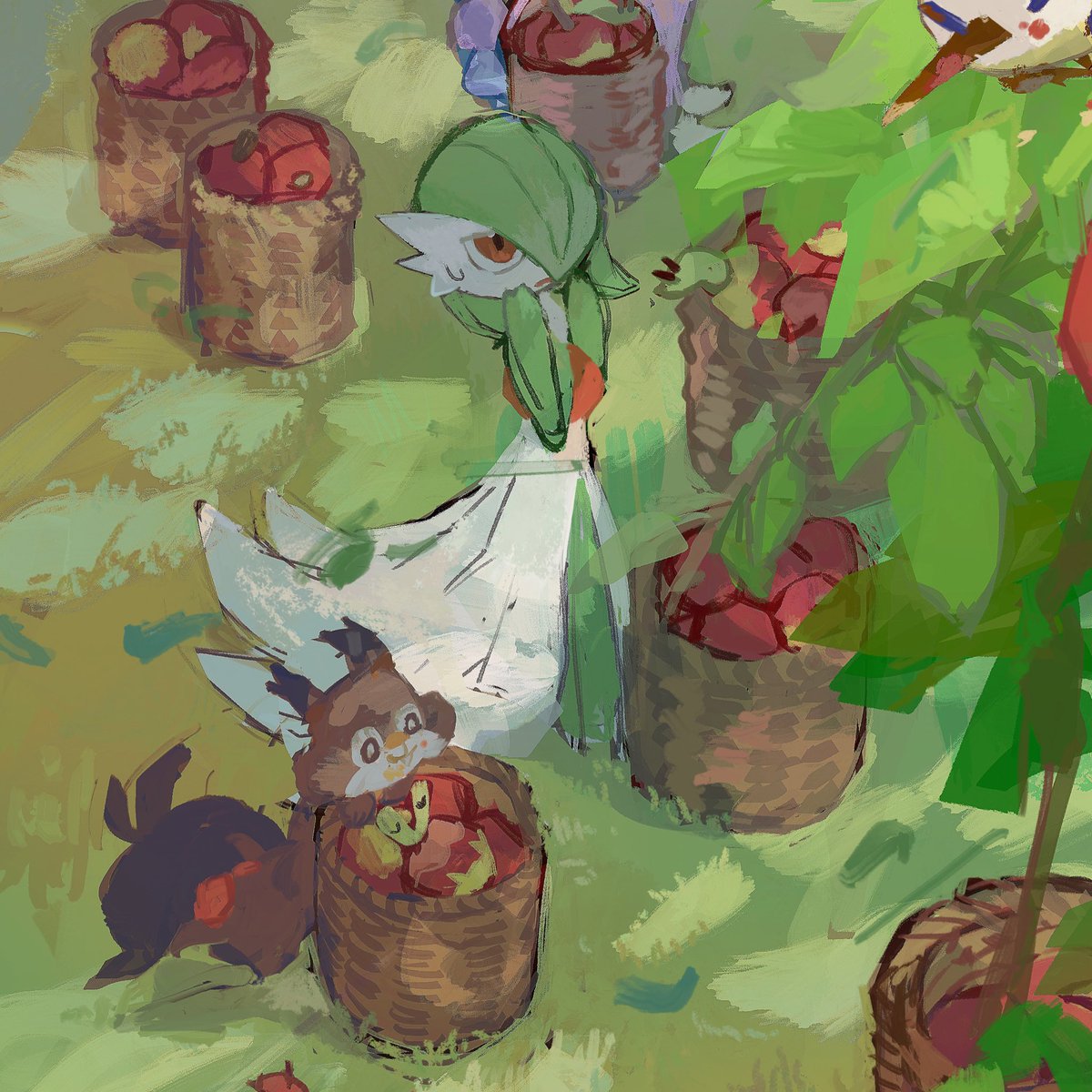 gardevoir pokemon (creature) outdoors basket food two-tone skin fruit apple  illustration images