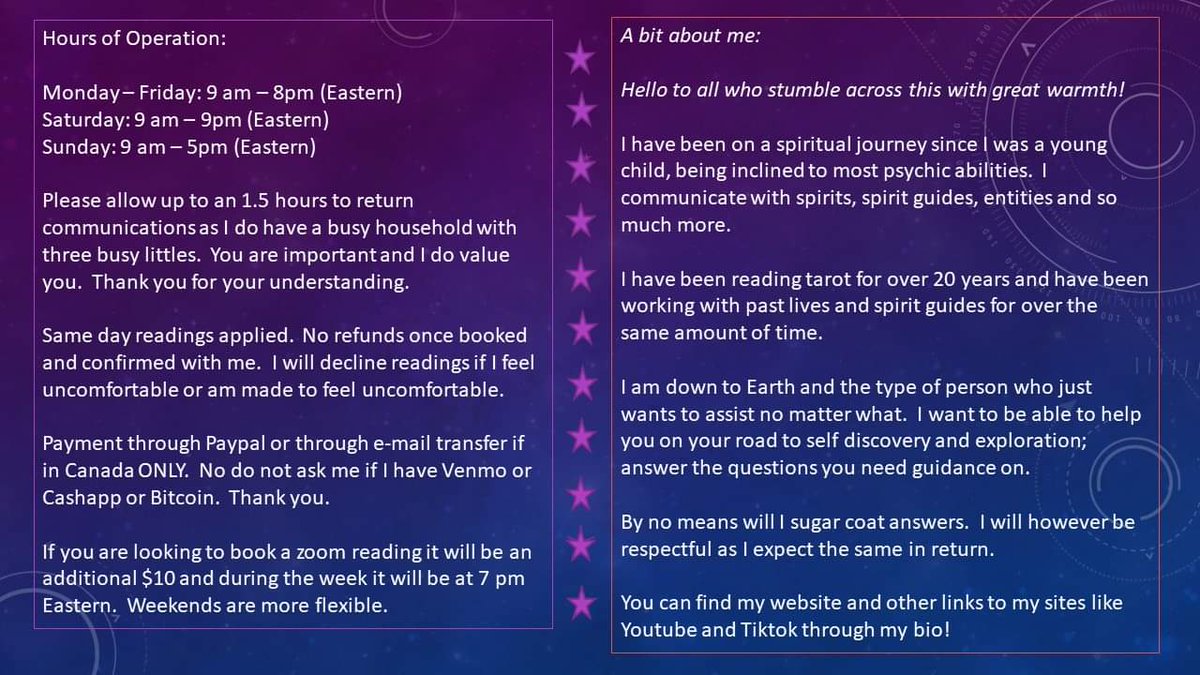 psychic_mommy's tweet image. 🦋 Updated services that I provide.  Feel free to DM and ask me about how I can assist you or if you have questions about the services I provide.  🦋 Feel free to check out my website jasmineseternalcircle.com for reviews and much more!