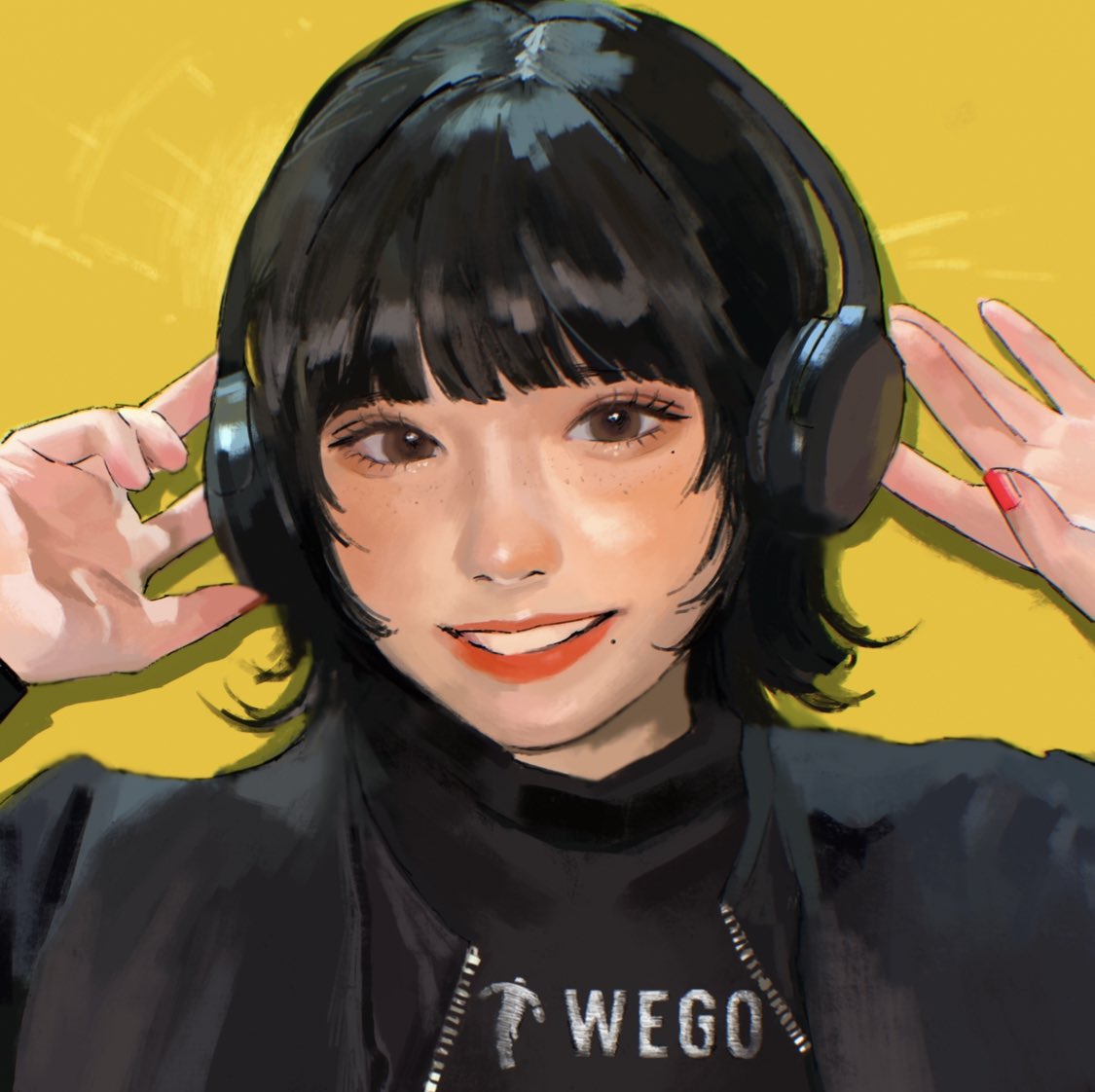 1girl solo black hair headphones brown eyes smile yellow background  illustration images