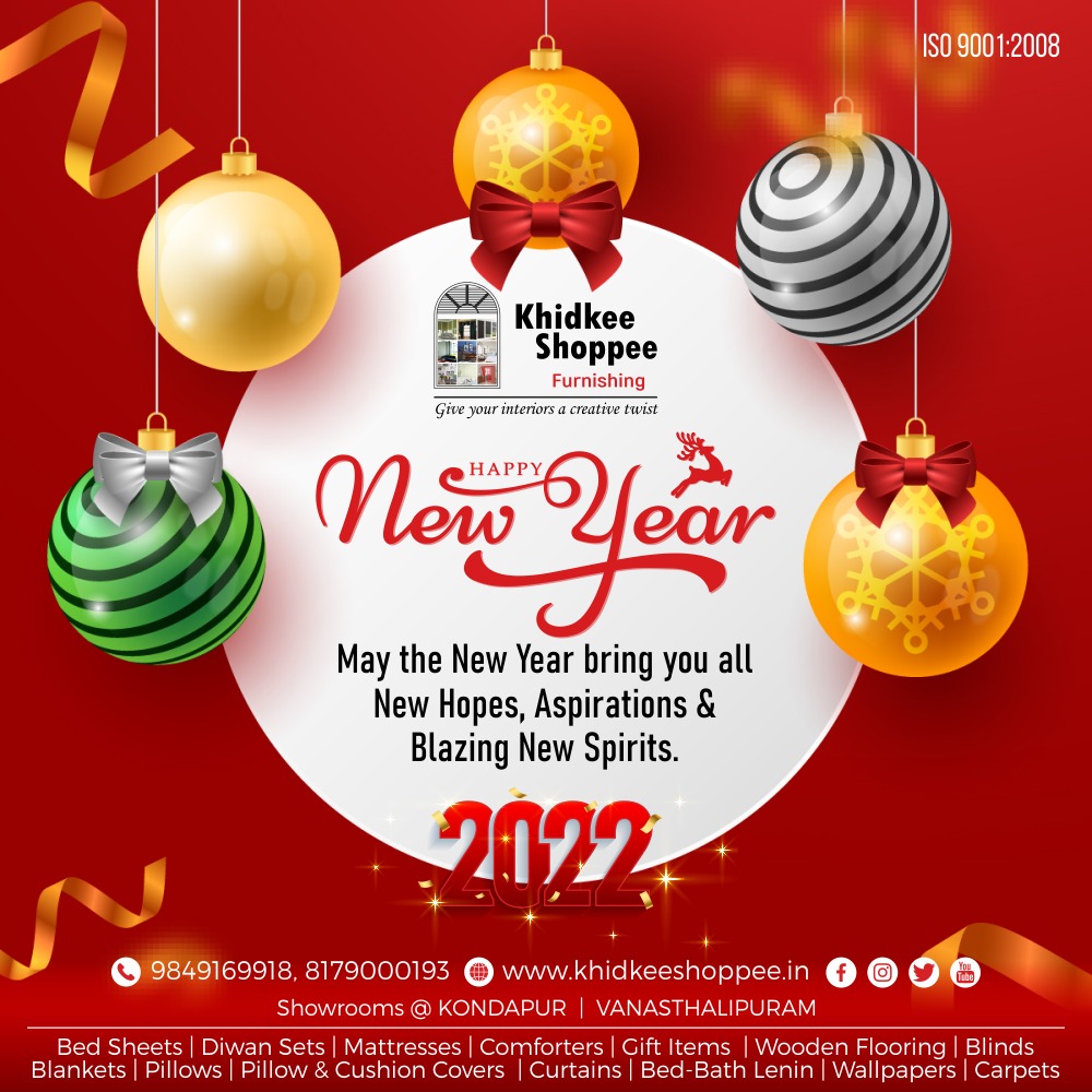 WISH YOU ALL A VERY HAPPY NEW YEAR
May the New Year bring you all New Hopes, Aspirations & Blazing New Spirits.

khidkeeshoppee.in
#KhidkeeShoppee #Kondapur #Furnishing #HappyNewYear #NewYear #NewYear2022 #2022 #Celebration #December31st #NewYearsEve