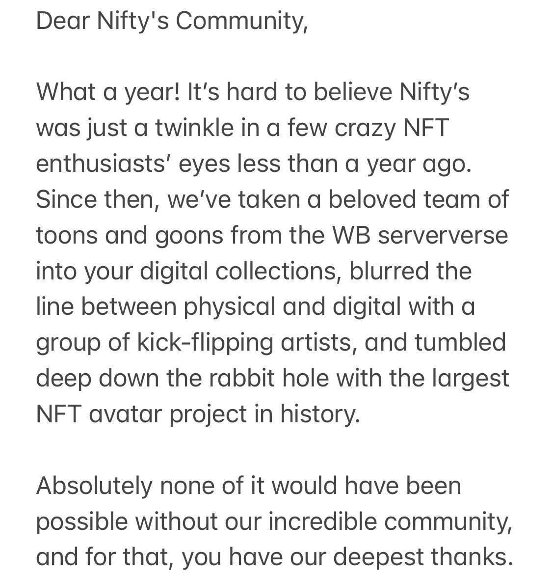 Niftys's tweet photo. A message from @JeffMarsilio, CEO of Nifty’s. 

Drop a 🚀 below if you believe WAGMI in 2022! 🥳 https://t.co/yp0tIgDNaG