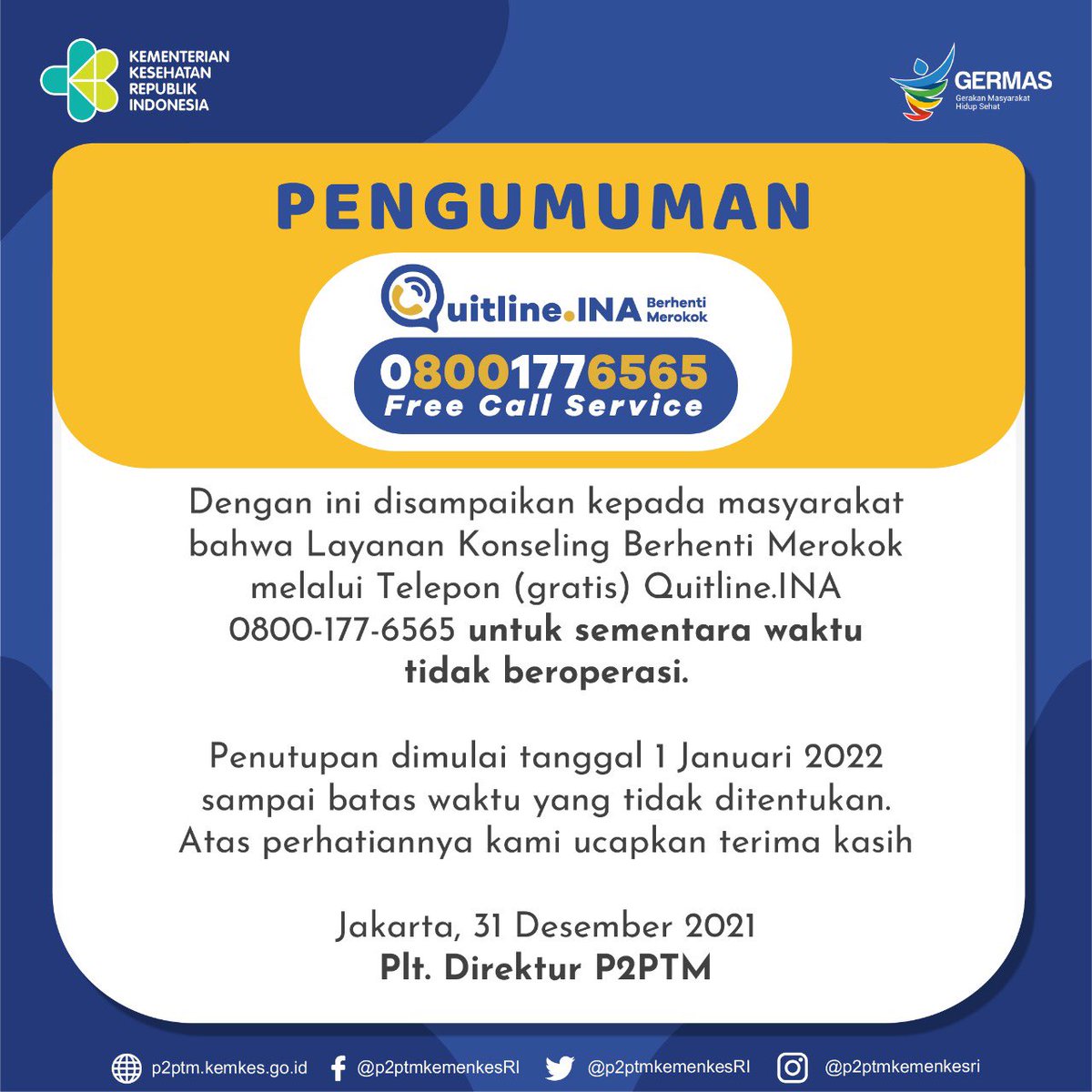 layanan_ubm's tweet photo. Pengumuman Layanan Konseling Berhenti Merokok Quitline.INA 0800-177-6565. https://t.co/zhVKJJP5dw