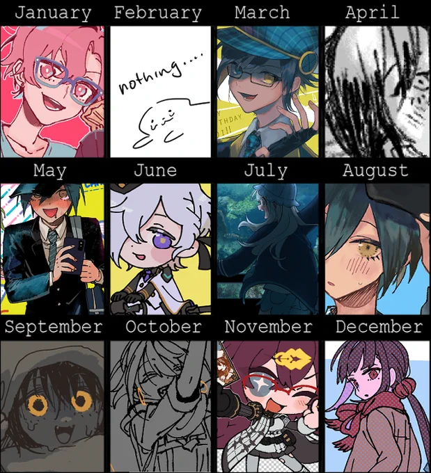 2021s art summary ;o; drawing has been very difficult for me so i barely drew this year,, ___(:""33 i hope the coming year will be better and ill be able to draw more regularly again >__TT 