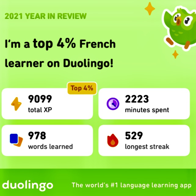 DCTom's tweet photo. I joined the self-improvement bandwagon during the pandemic to brush up on the #French I forgot from high school and college. So far, ca va bien. Bonne Année! @duolingo https://t.co/05lbR639Nn