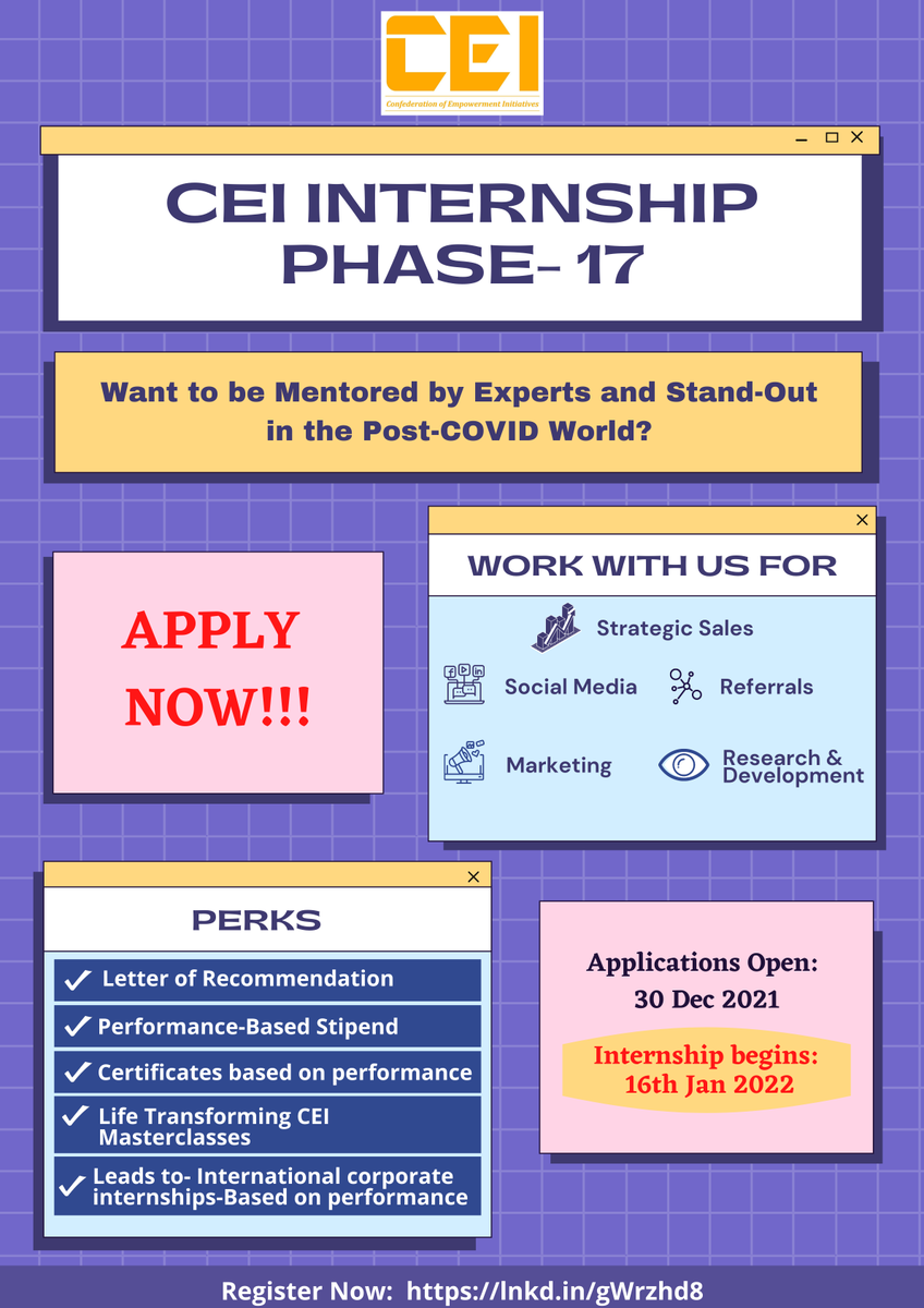 CEIempowers's tweet photo. #Internship_Alert

𝐂𝐄𝐈 𝐈𝐍𝐓𝐄𝐑𝐍𝐒𝐇𝐈𝐏 𝐏𝐇𝐀𝐒𝐄-17 𝐟𝐨𝐫 𝐒𝐭𝐮𝐝𝐞𝐧𝐭𝐬 (𝐀𝐥𝐥 𝐲𝐞𝐚𝐫𝐬 𝐚𝐧𝐝 𝐝𝐨𝐦𝐚𝐢𝐧𝐬)

𝐀𝐏𝐏𝐋𝐘 𝐍𝐨𝐰: https://t.co/pWYCo3rhLo

Get Mentorship from Global Experts and Stand Out in the Post-COVID, AI-Driven World. https://t.co/0qBfvoW6sw
