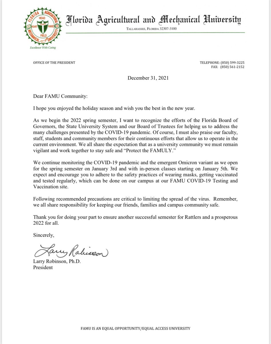 FAMU_1887's tweet image. 🚨A Message from President Larry Robinson about returning to campus in the Spring. 🚨