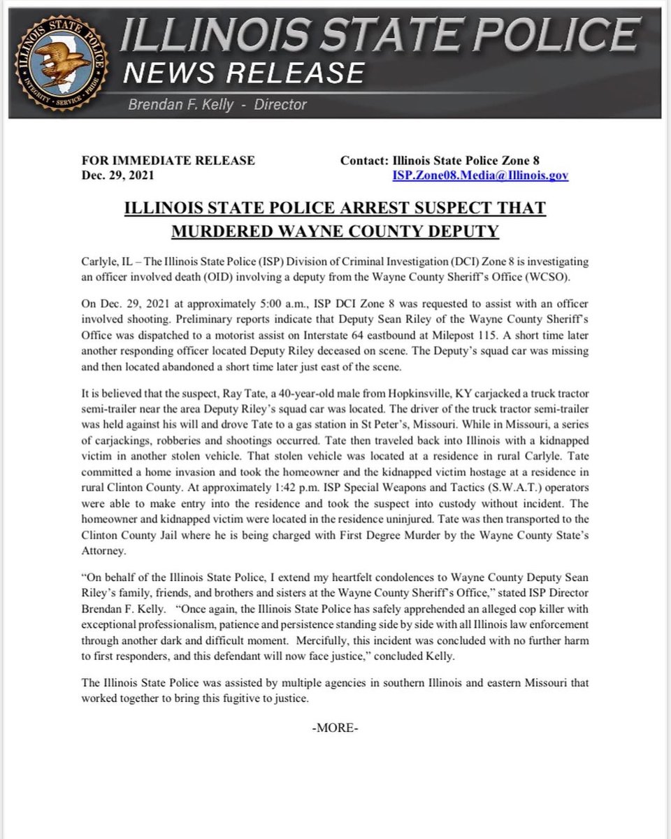 ILStatePolice's tweet image. ISP ARRESTS SUSPECT THAT MURDERED WAYNE COUNTY DEPUTY