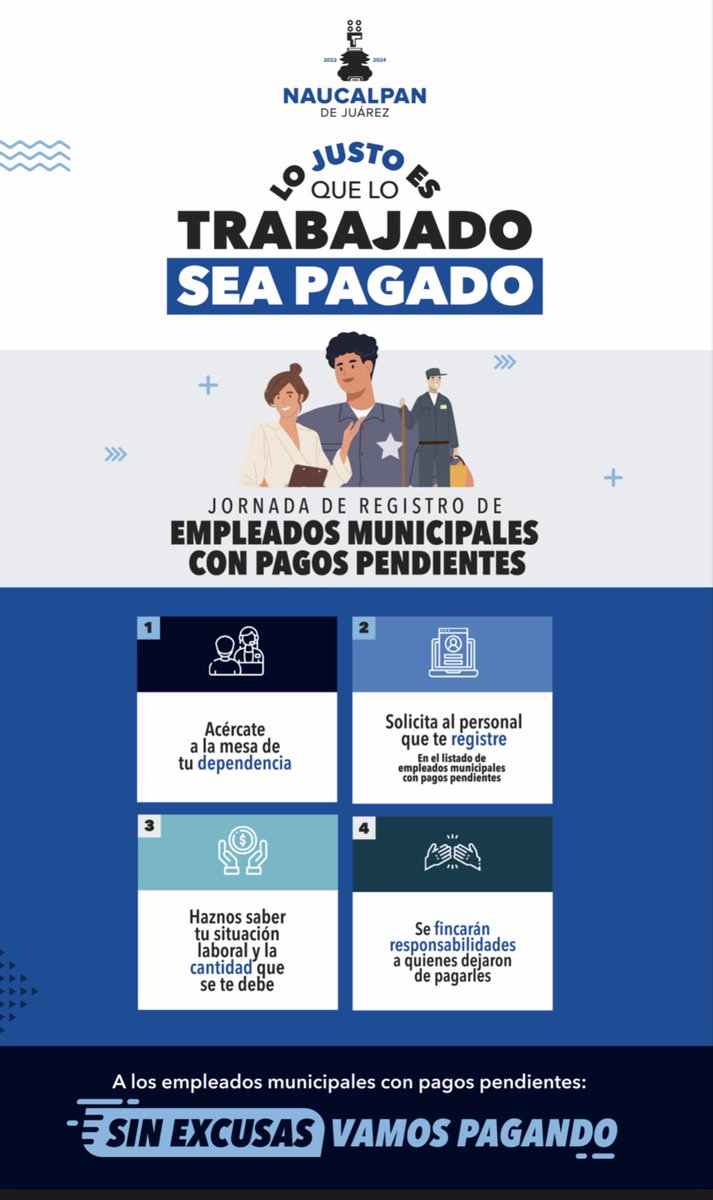 A los trabajadores de confianza del gobierno municipal de #Naucalpan: 

Los días de mañana y pasado mañana los esperamos a las 10:00 am en la explanada del Palacio Municipal para dialogar y encontrar juntos una solución a la falta de pagos salariales.

#QueLoTrabajadoSeaPagado