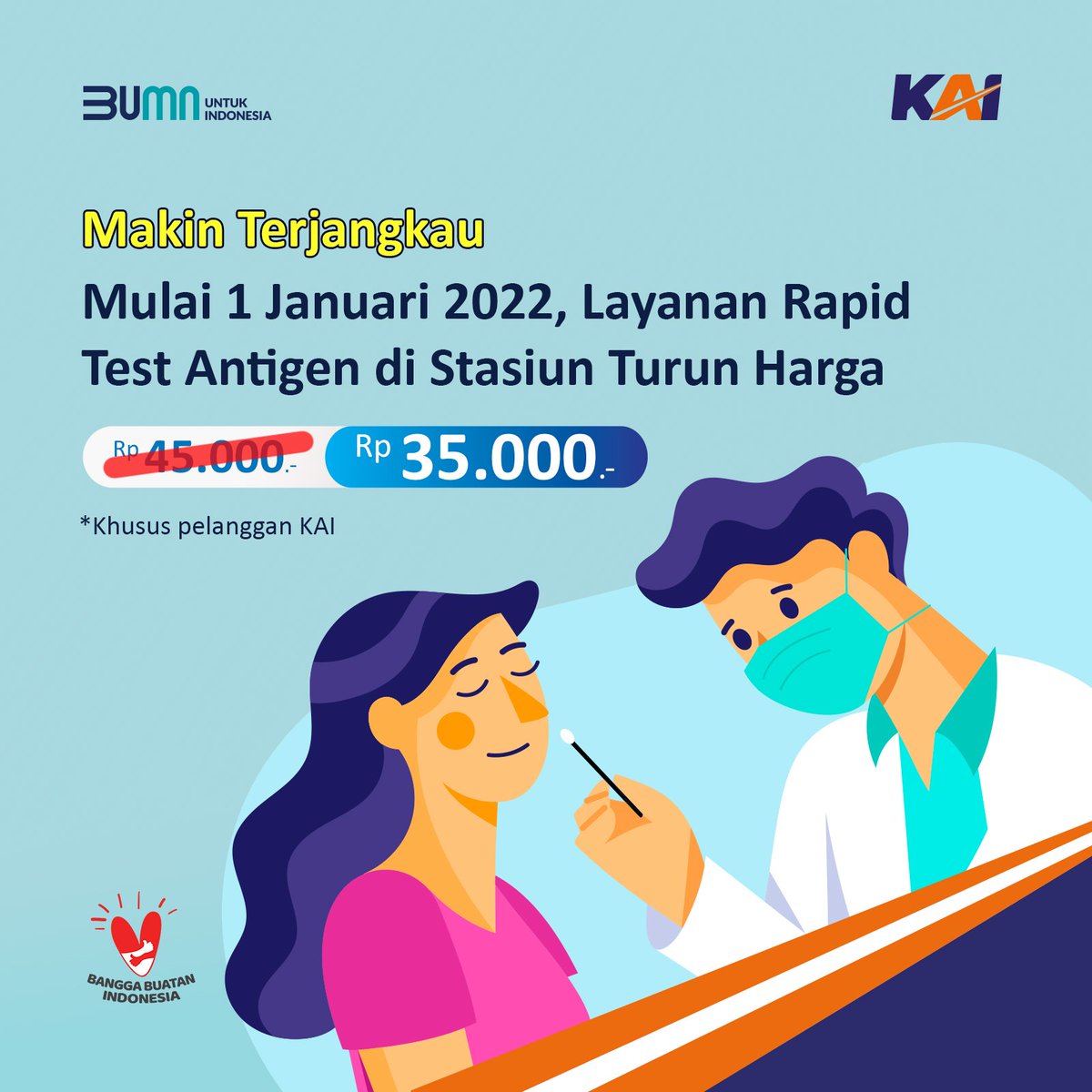 Makin Terjangkau! Mulai 1 Jan 2022, Tarif Rapid Test Antigen Turun Harga Menjadi Rp35.000,-

Layanan tersedia di 83 stasiun KA di Jawa &amp; Sumatra, berlaku 1×24 jam dr pengambilan sampel.

Daftar stasiun, klik link di bio Railmin atau lynk.id/kai121

#RapidAntigenDiStasiun