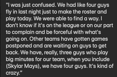 ChrisKirschner's tweet photo. Trae Young on his reaction to seeing the Miami-San Antonio game postponed today while the Hawks continue playing with most of their team out and mostly filled with 10-day hardship exception signings. https://t.co/JW9LHjgbEL