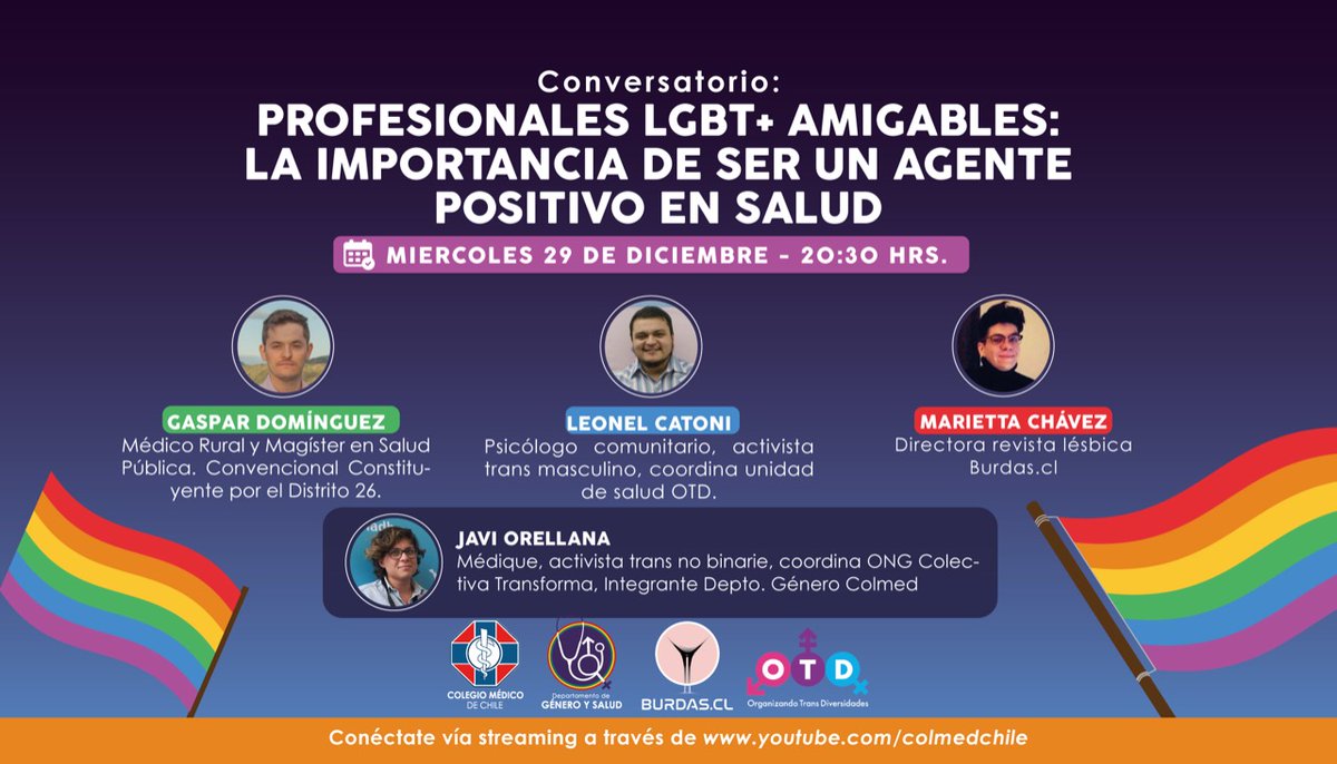 colmedchile's tweet photo. Comienza #Conversatorio sobre la importancia de ser un agente positivo en salud con @gdominguez_, Leonel Catoni, @EttaCheims y Javi Orellana
Organizado por nuestro Depto de #Género, @BurdasMagazine y @OTDChile
🔴📽️Conéctate ➡️https://t.co/3p5K6BVkd4 https://t.co/1qWtHshwxF