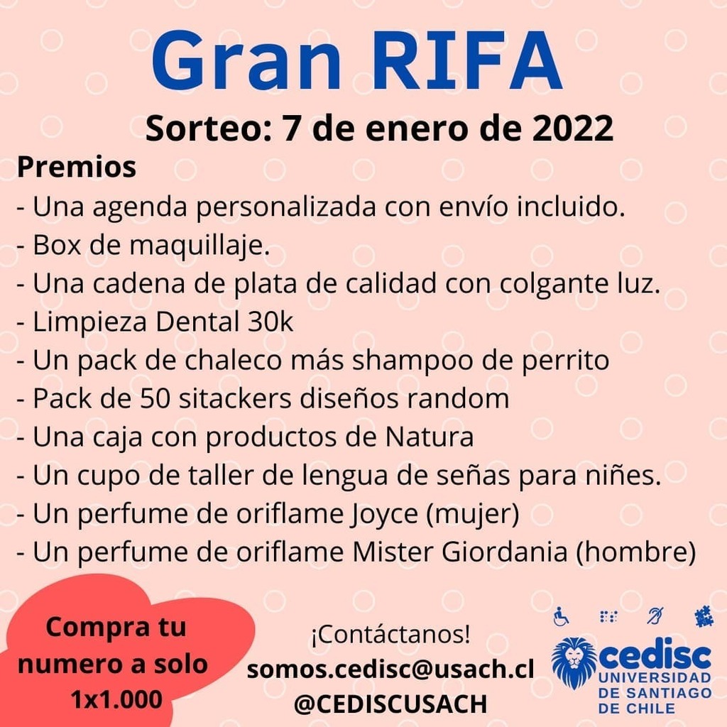 CediscUsach's tweet photo. Descripción: Afiche de color claro y letras negras, se titula GRAN RIFA, sorteo: 07 de enero de 2022. Premios
- Una agenda personalizada con envío incluido.
- Box de maquillaje.
- Una cadena de plata de calidad con colgante luz.
- Limpieza Dental 30k
- U… https://t.co/jJGMzTXHsQ https://t.co/zdEj2Vg5Cg