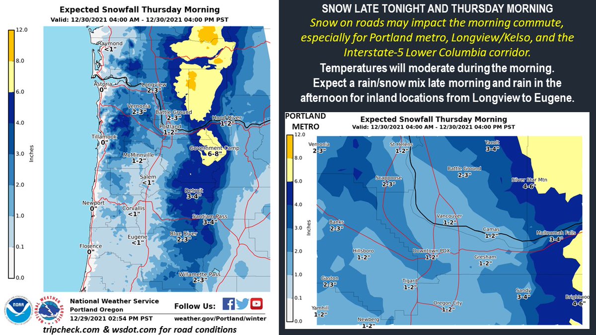 NWSPortland's tweet photo. Another round of snow late tonight &amp; Thursday morning may  impact the morning commute. Warming temperatures will result in rain by early afternoon for most low-elevation locations. #orwx #wawx #pdxtst #tripcheck #wsdot https://t.co/Al67CJiE1r