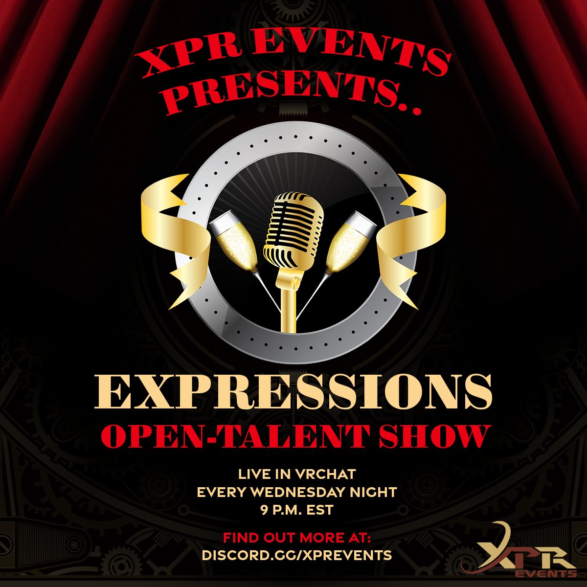 XPR_Events_'s tweet photo. Join us in two hours for Expressions, XPR Events' weekly open-talent show! Come experience VR the way it was meant to be — live, entertaining, and open.

Join live by adding "XPREvents" in VRChat!

Livestream:
https://t.co/MDoAOaEAhB

More info:
https://t.co/zsMBcA8CSb https://t.co/tGNomCdYjT