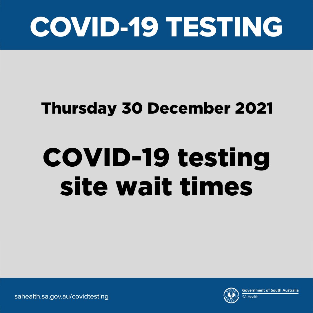SAHealth's tweet photo. SA Pathology testing site waiting times at 10am:
Elizabeth South 1-2hrs
Ridgehaven 1hr
Hampstead 4-5rs
Port Adelaide <1hr
Repat 1-2hrs
Victoria Park 8-9hrs
Bedford Park 2-3hrs
RAH 5hrs
Aldinga 4hrs
Airport 3-4hrs
Mount Gambier <1hr
Pinaroo <1hr
Bordertown <1hr https://t.co/x8Q3CcLu9H