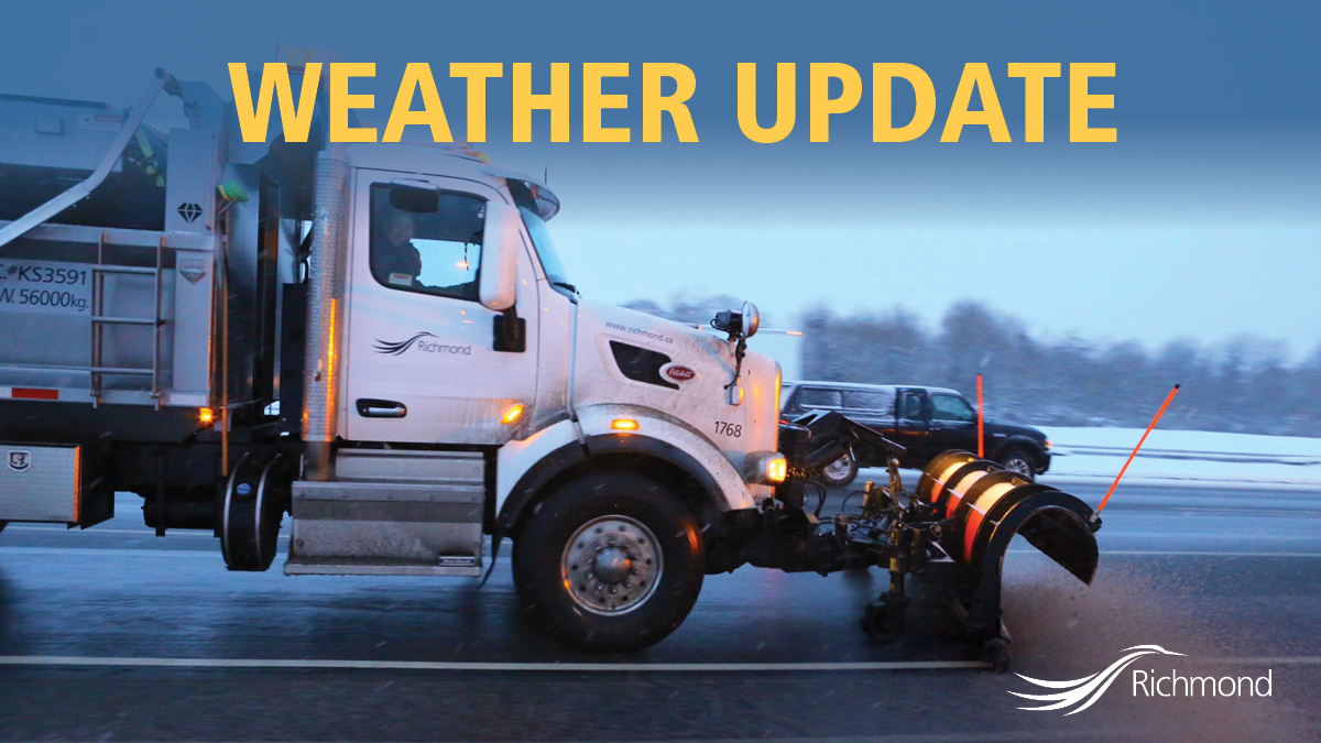 Richmond_BC's tweet photo. City crews have been working around the clock to brine/salt roads, which will continue. 

There will also be plows running through the night. [2/4] https://t.co/0EvEi7iqmL