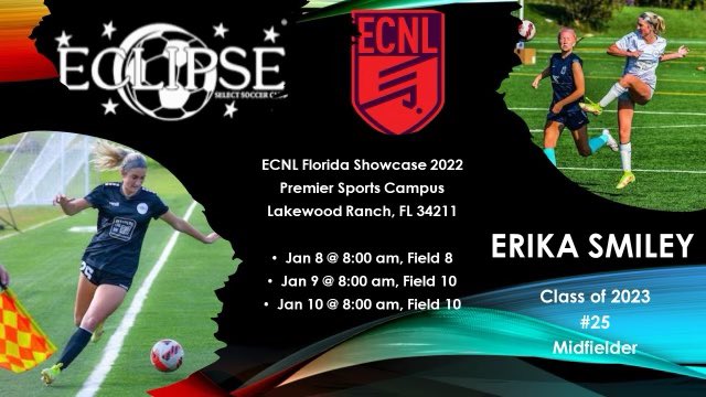 erikasmiley17's tweet photo. Countdown to #ECNLFL Showcase is on! Looking forward to 2️⃣0️⃣2️⃣2️⃣ with @ECNLgirls and my @EclipseSelectSC teammates! Coaches, please come watch us play! ⚽️ https://t.co/8j59oFs5tx