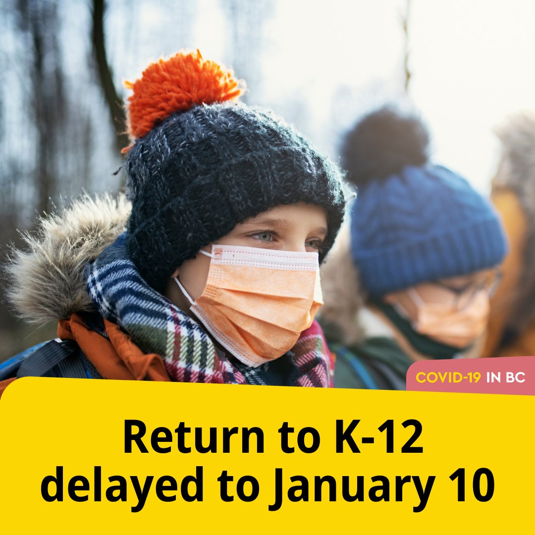 Return to K-12 for public and independent school students is delayed until Monday January 10th. Teachers and staff will return the first week of January to implement enhanced safety measures to support in-class learning. Learn more: gov.bc.ca/safeschools #CovidBC